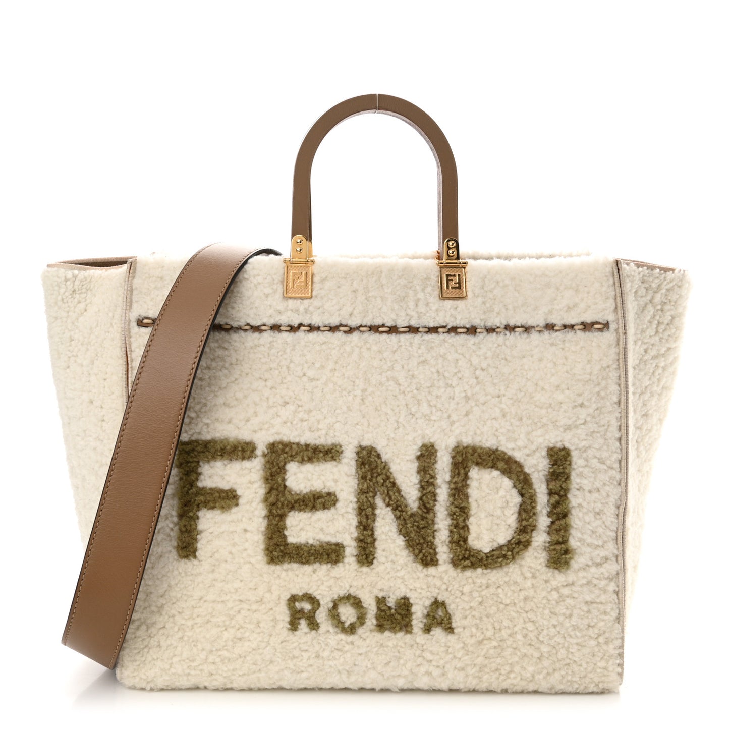 Shearling Vitello King Logo Medium Fendi Sunshine Shopper Tote White