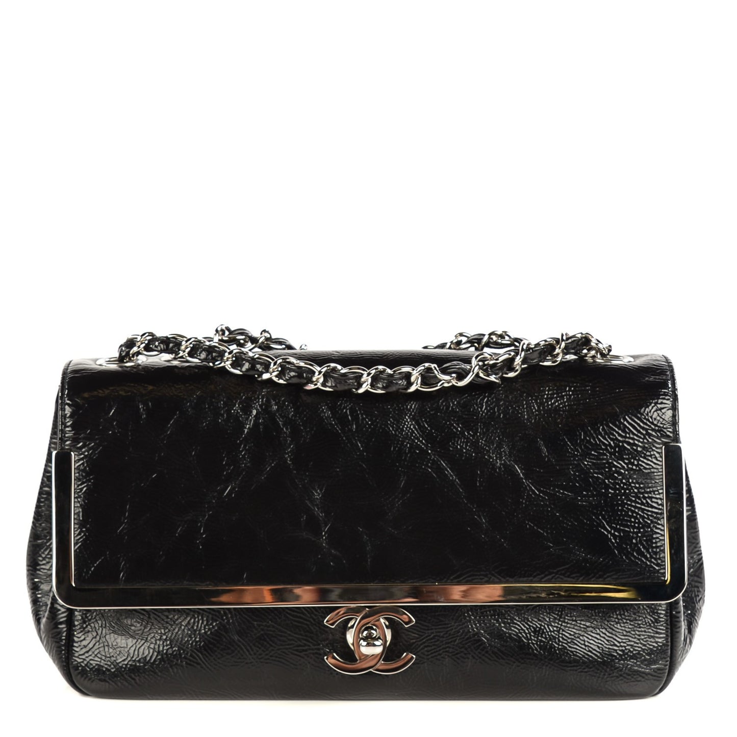 Distressed Patent Calfskin Small Frame Single Flap Black