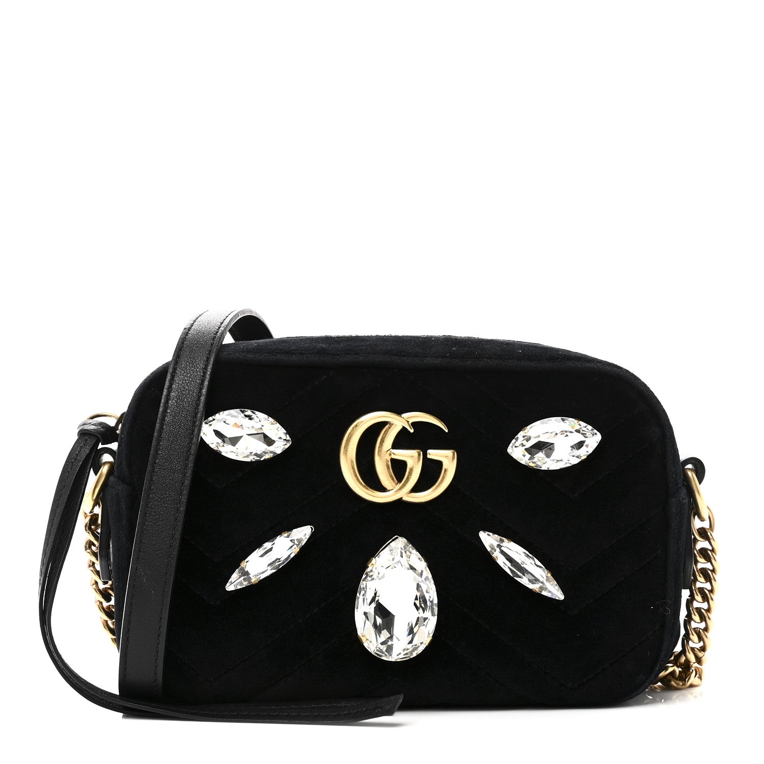 Gucci Velvet Matelasse Marquise Crystals Mini GG Marmont Chain Shoulder Bag Black 1 of 10