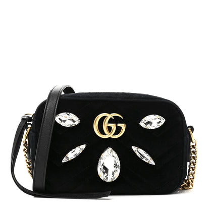 Gucci Velvet Matelasse Marquise Crystals Mini GG Marmont Chain Shoulder Bag Black 1 of 10