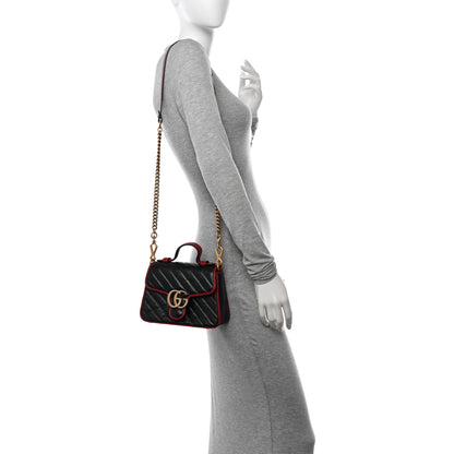 Gucci Vintage Effect Calfskin Matelasse Diagonal Mini Torchon GG Marmont Top Handle Shoulder Bag Black Romantic Cherry 2 of 11