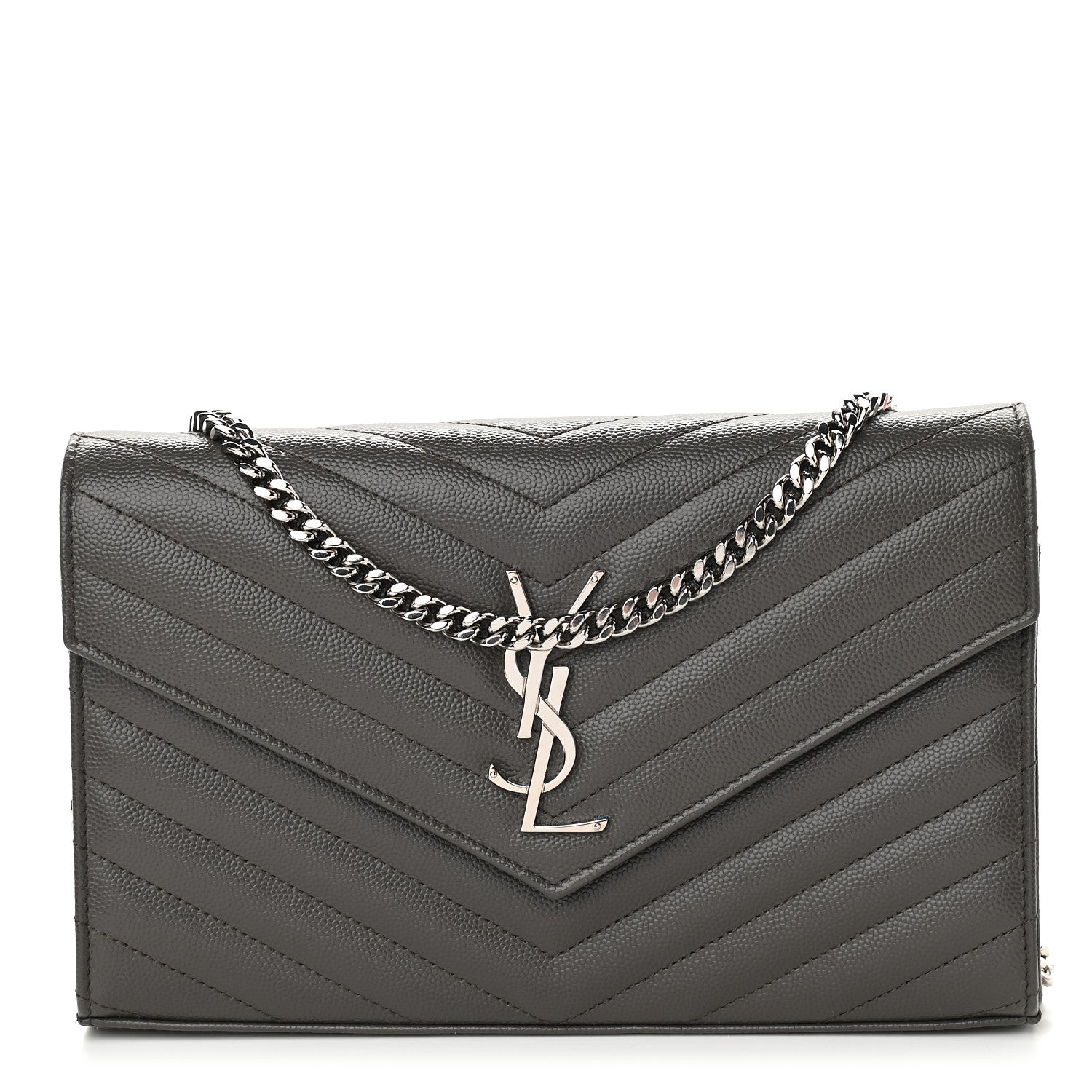 Saint Laurent Grain De Poudre Matelasse Chevron Monogram Chain Wallet Earth 1 of 8