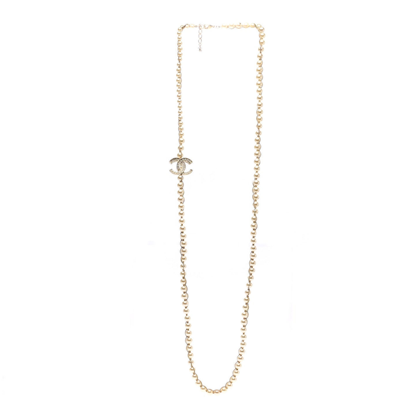 Crystal Pearl CC Chain Long Necklace Gold