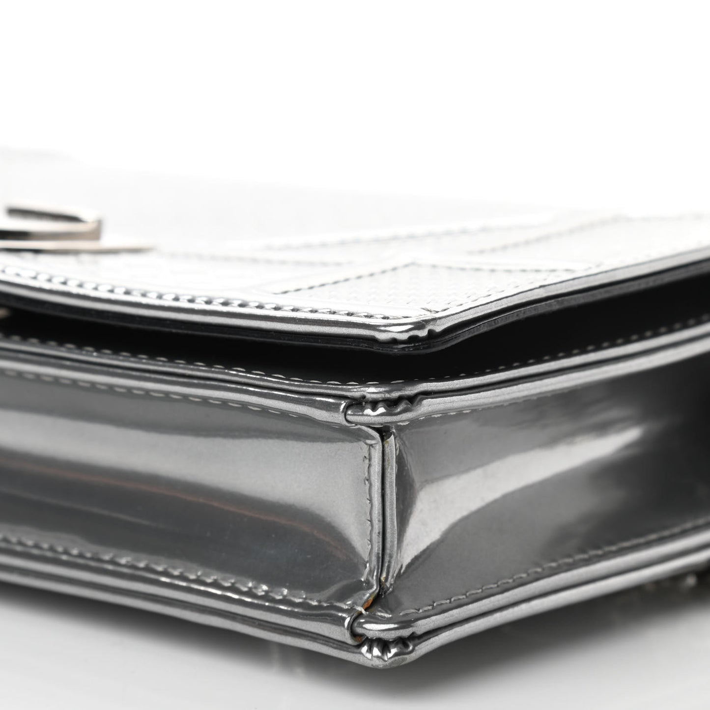 Metallic Patent Micro-Cannage Diorama Wallet on Chain Pouch Silver