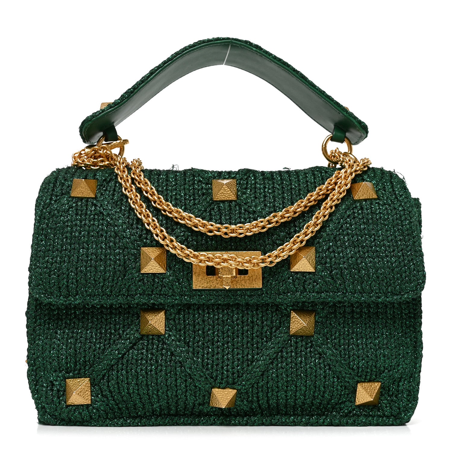 Valentino Garavani Metallic Woven Lurex Large Roman Stud Shoulder Bag Jungle 1 of 10
