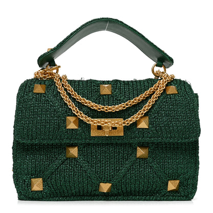 Valentino Garavani Metallic Woven Lurex Large Roman Stud Shoulder Bag Jungle 1 of 10
