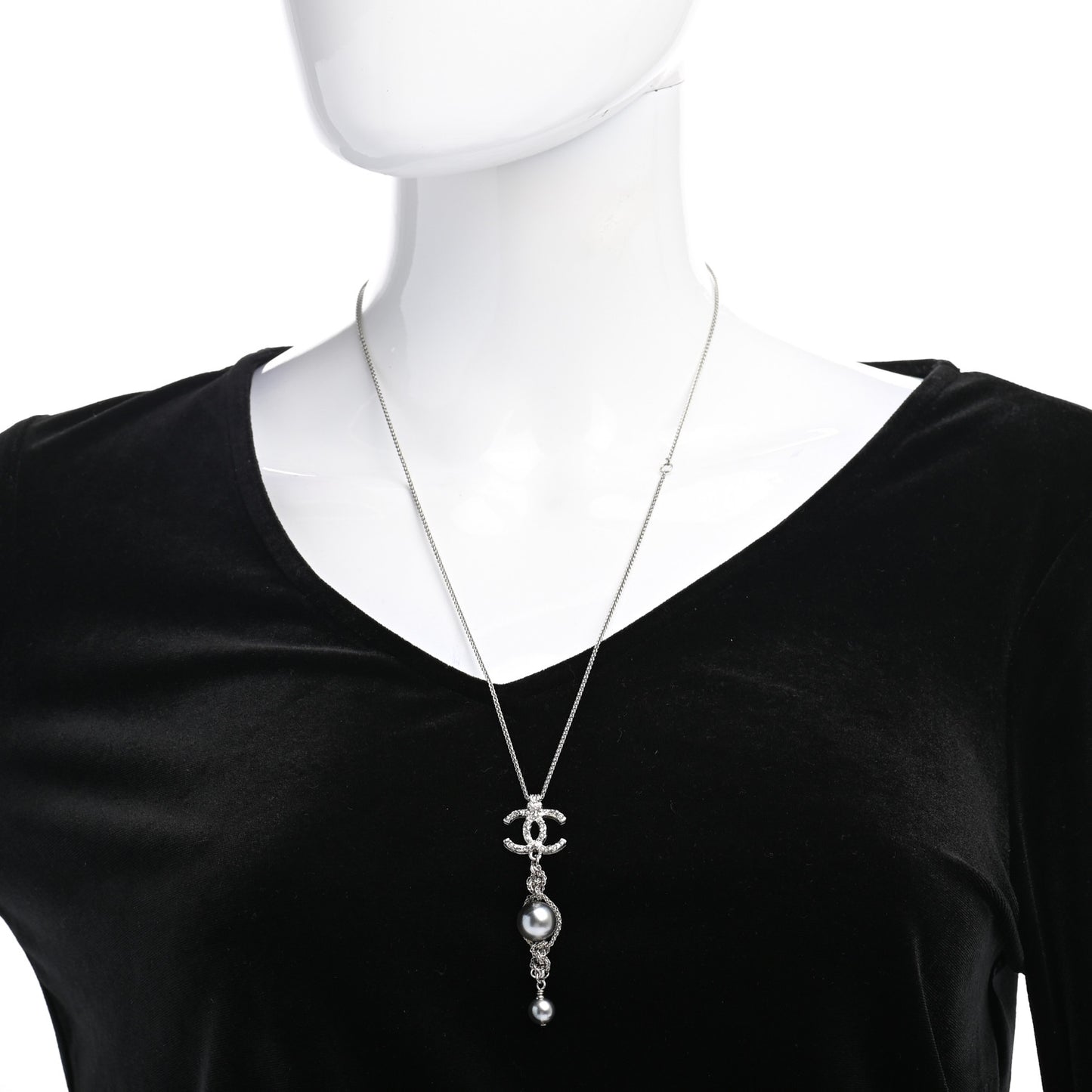 Pearl Crystal Resin CC Drop Necklace Silver Dark Grey