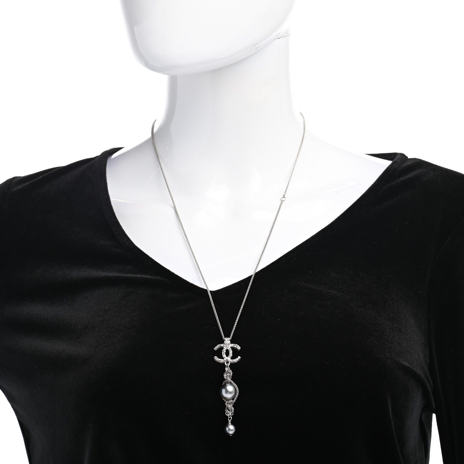 Chanel Pearl Crystal Resin CC Drop Necklace Silver Dark Grey 2 of 7