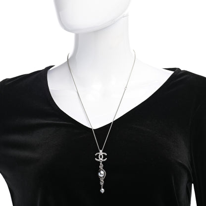 Chanel Pearl Crystal Resin CC Drop Necklace Silver Dark Grey 2 of 7