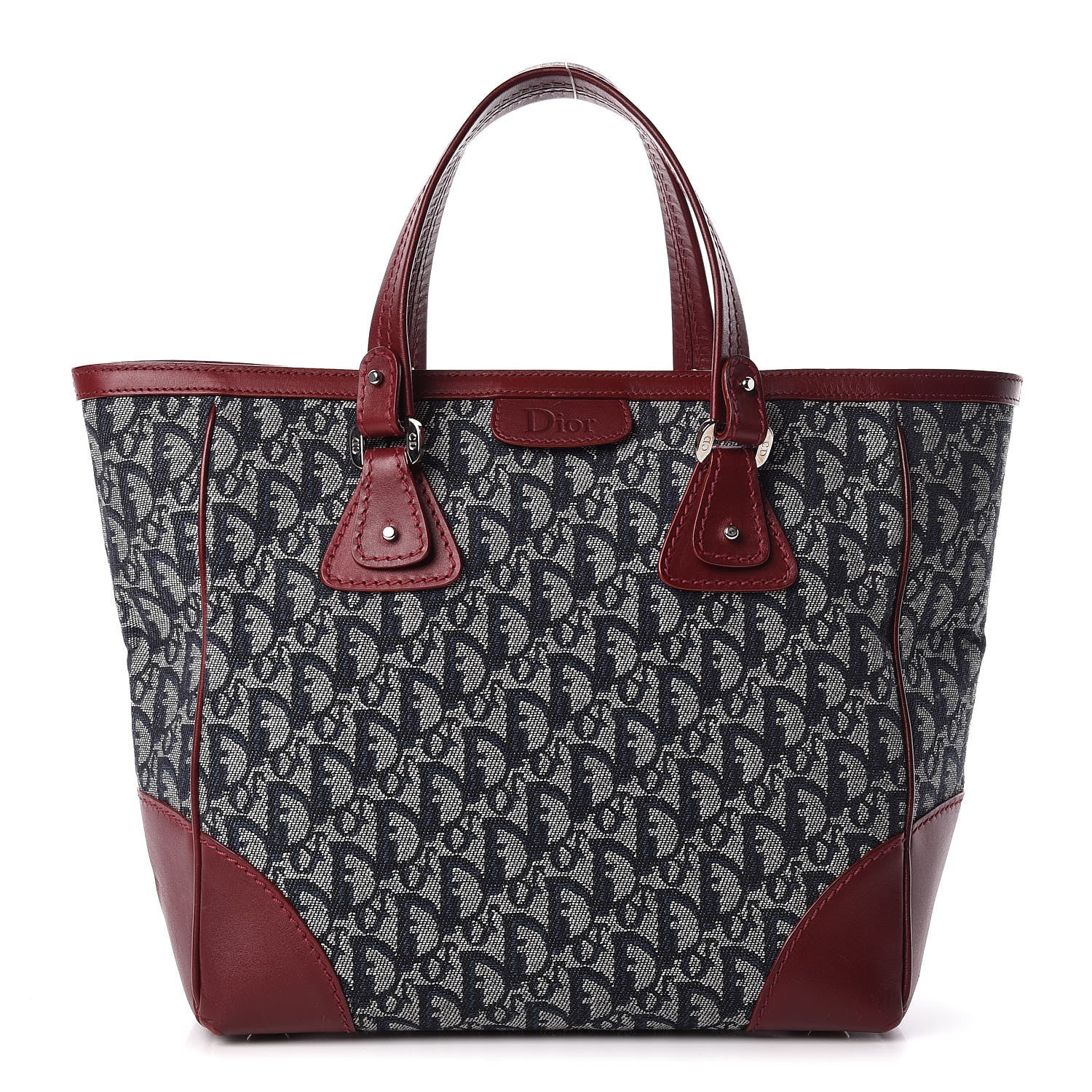 Christian Dior Denim Calfskin Monogram Tote Navy Blue Red 1 of 12