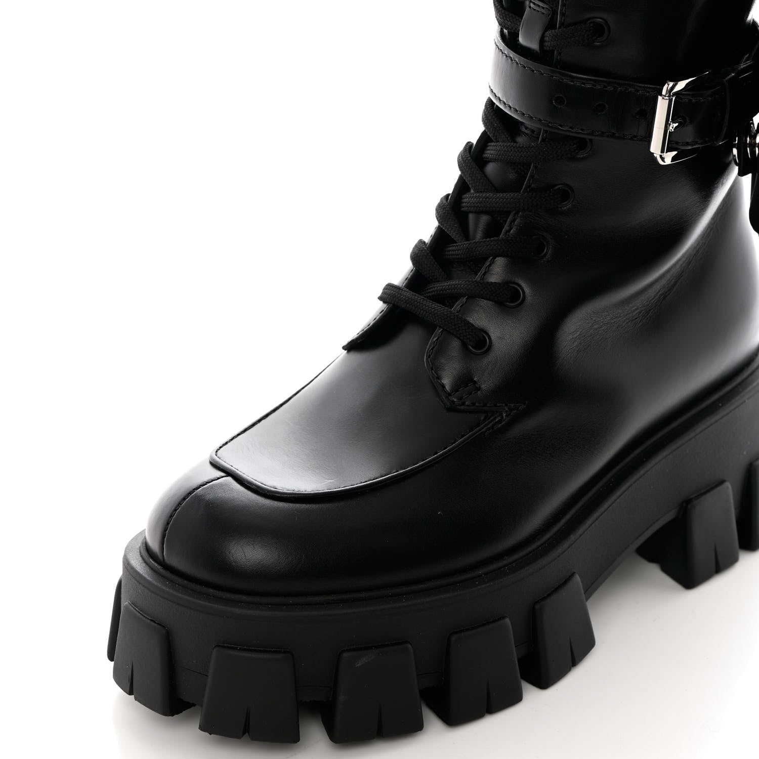 Prada Vitello Lux Nylon Metal Triangle Logo Monolith Pouch Pocket 55mm Tall Combat Boots 35.5 Black 10 of 12