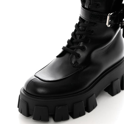 Prada Vitello Lux Nylon Metal Triangle Logo Monolith Pouch Pocket 55mm Tall Combat Boots 35.5 Black 10 of 12