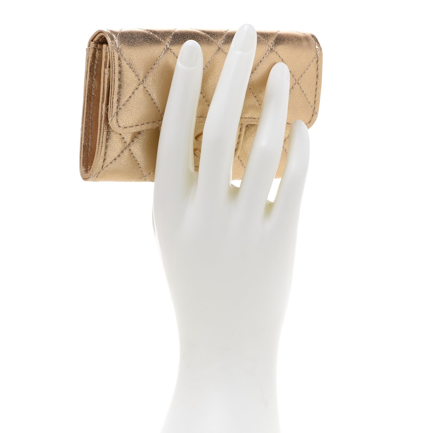 Metallic Lambskin Quilted Flap Card Holder Wallet Gold