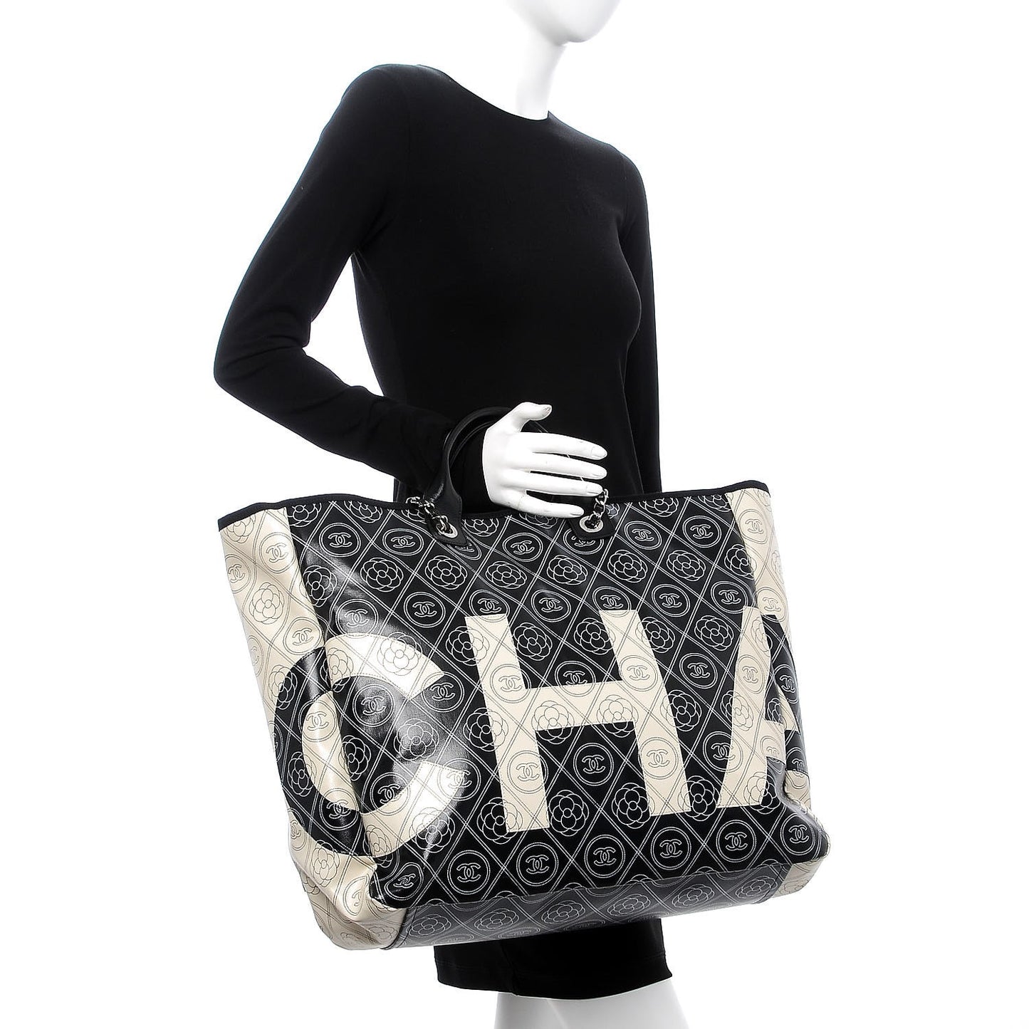 Coated Canvas Camellia Large Shopping Tote Black Beige