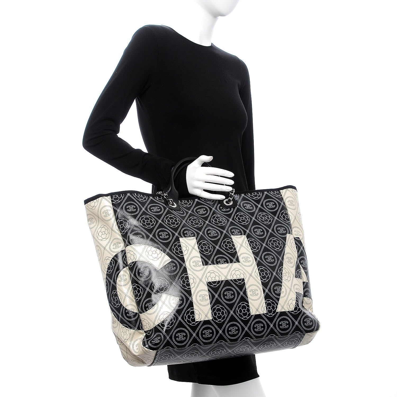 Chanel Coated Canvas Camellia Large Shopping Tote Black Beige 3 of 11