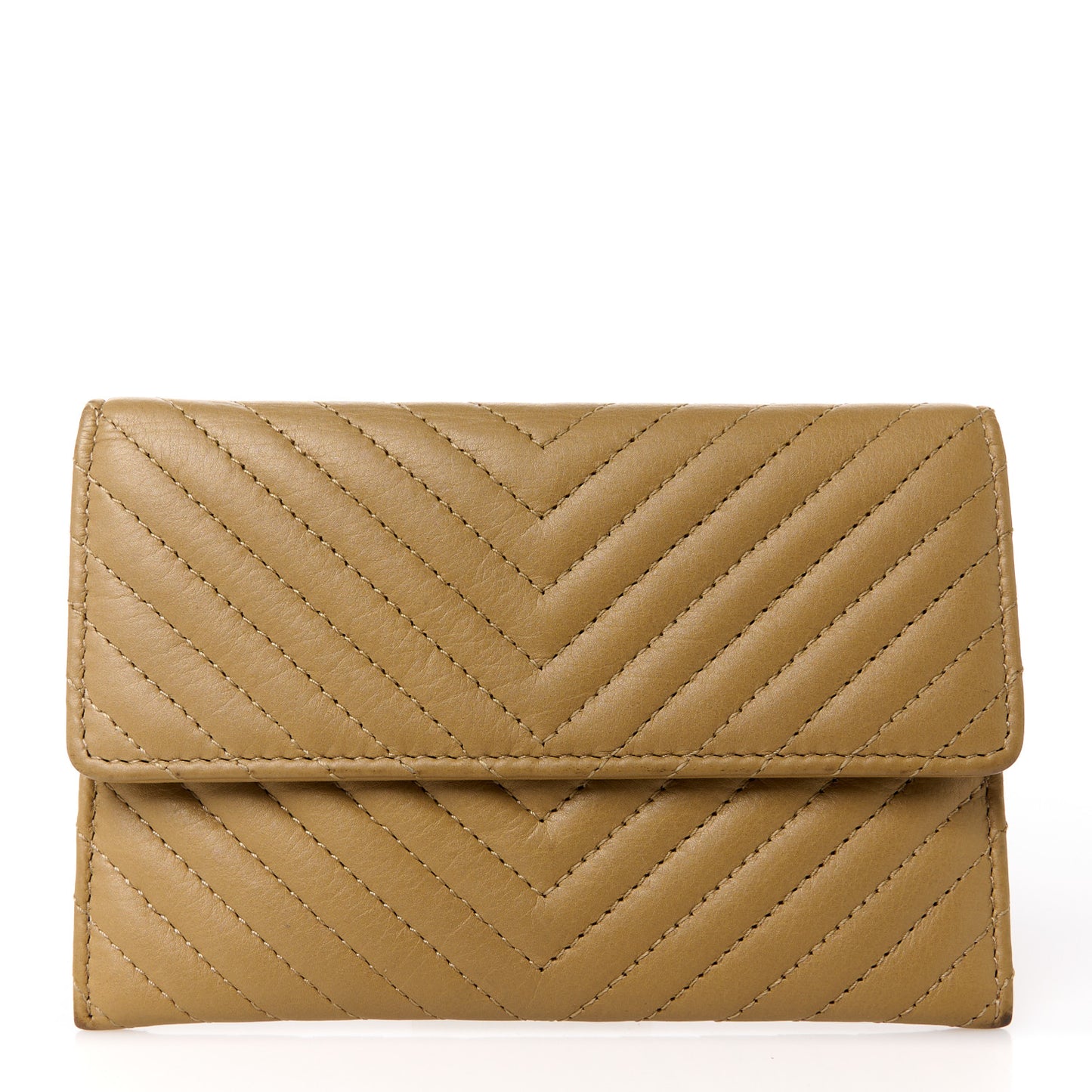 Aged Calfskin Chevron Quilted Flap Card Holder Beige
