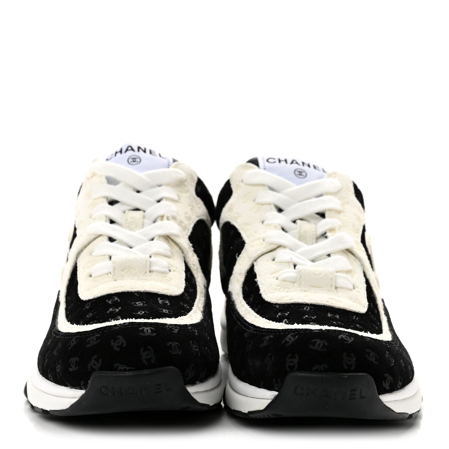 Chanel Nylon Suede Calfskin Printed CC Sneakers 38 White Black 3 of 9