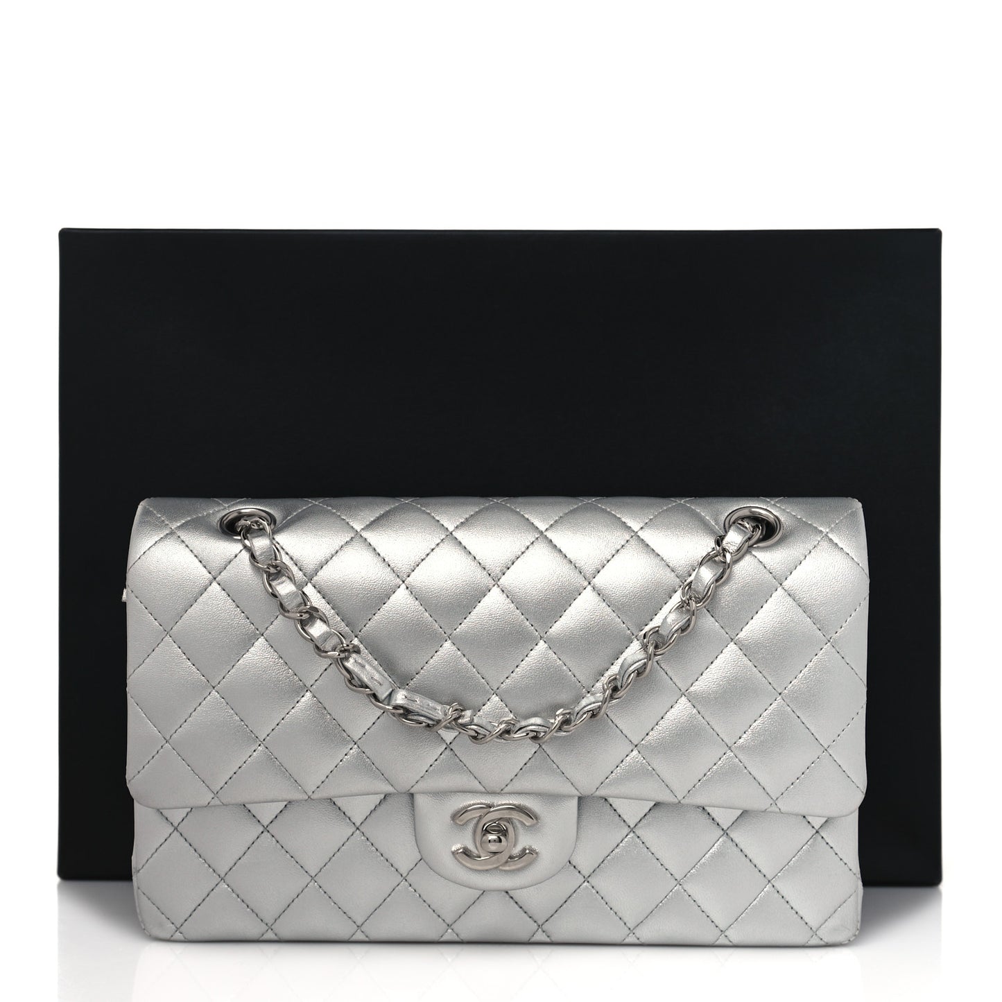Metallic Lambskin Quilted Medium Double Flap Silver