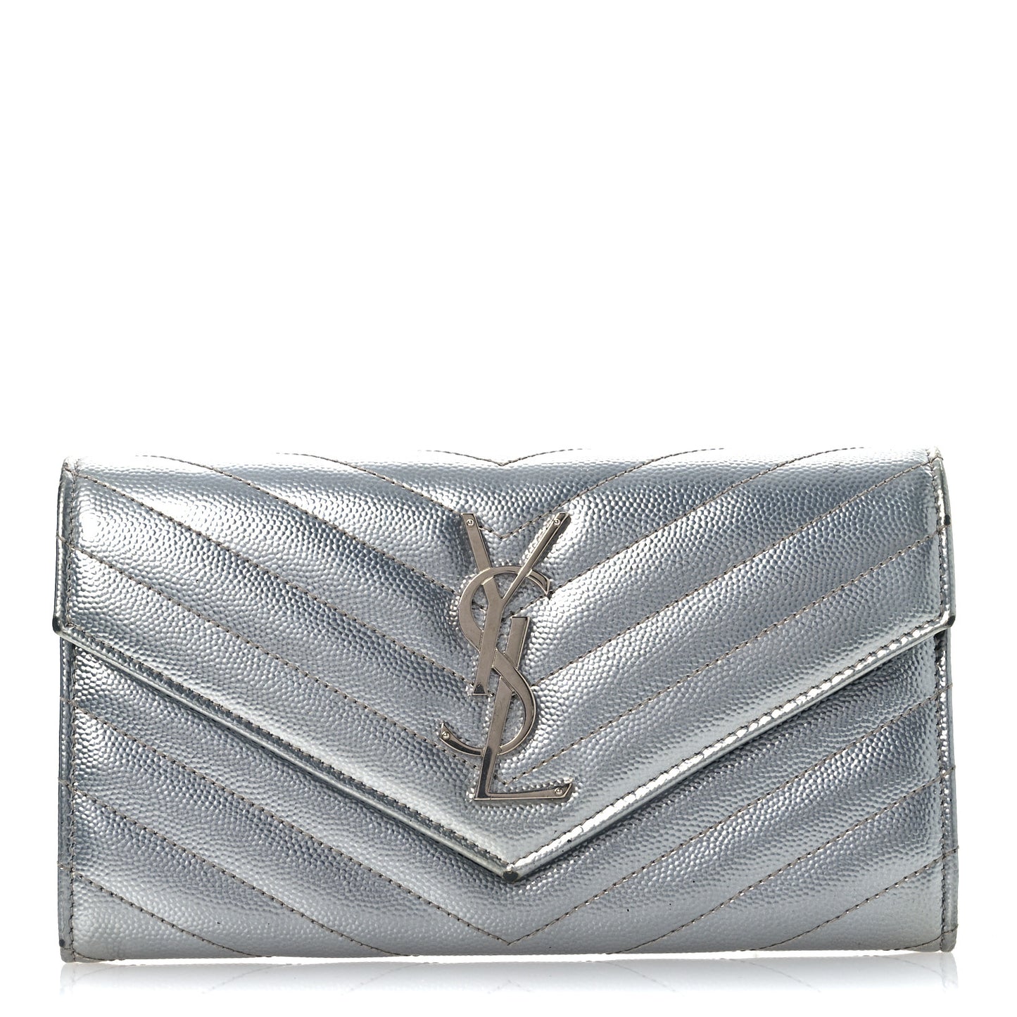 Metallic Grain De Poudre Matelasse Chevron Monogram Flap Wallet Silver