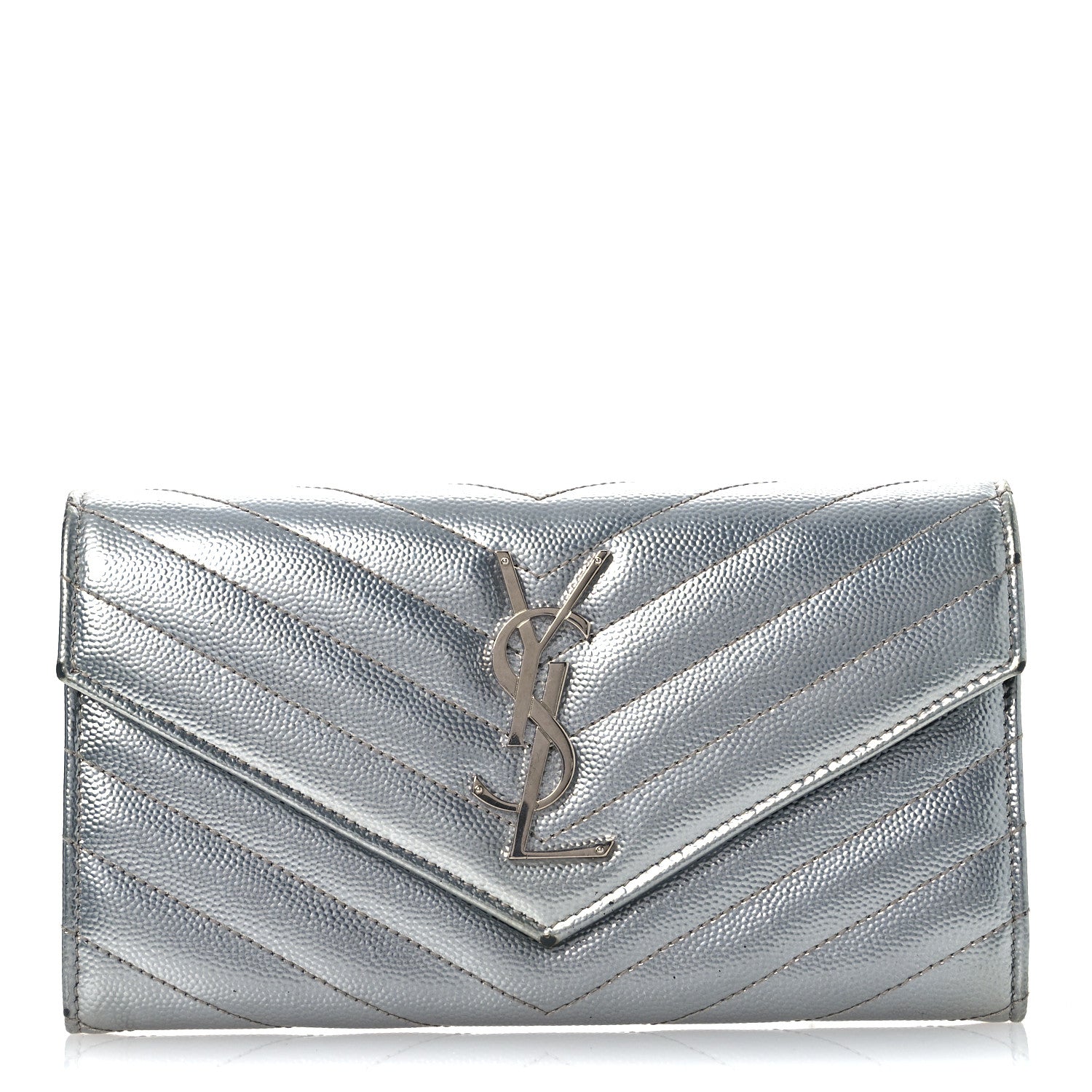 Saint Laurent Metallic Grain De Poudre Matelasse Chevron Monogram Flap Wallet Silver 1 of 16