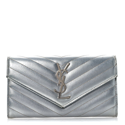 Saint Laurent Metallic Grain De Poudre Matelasse Chevron Monogram Flap Wallet Silver 1 of 16