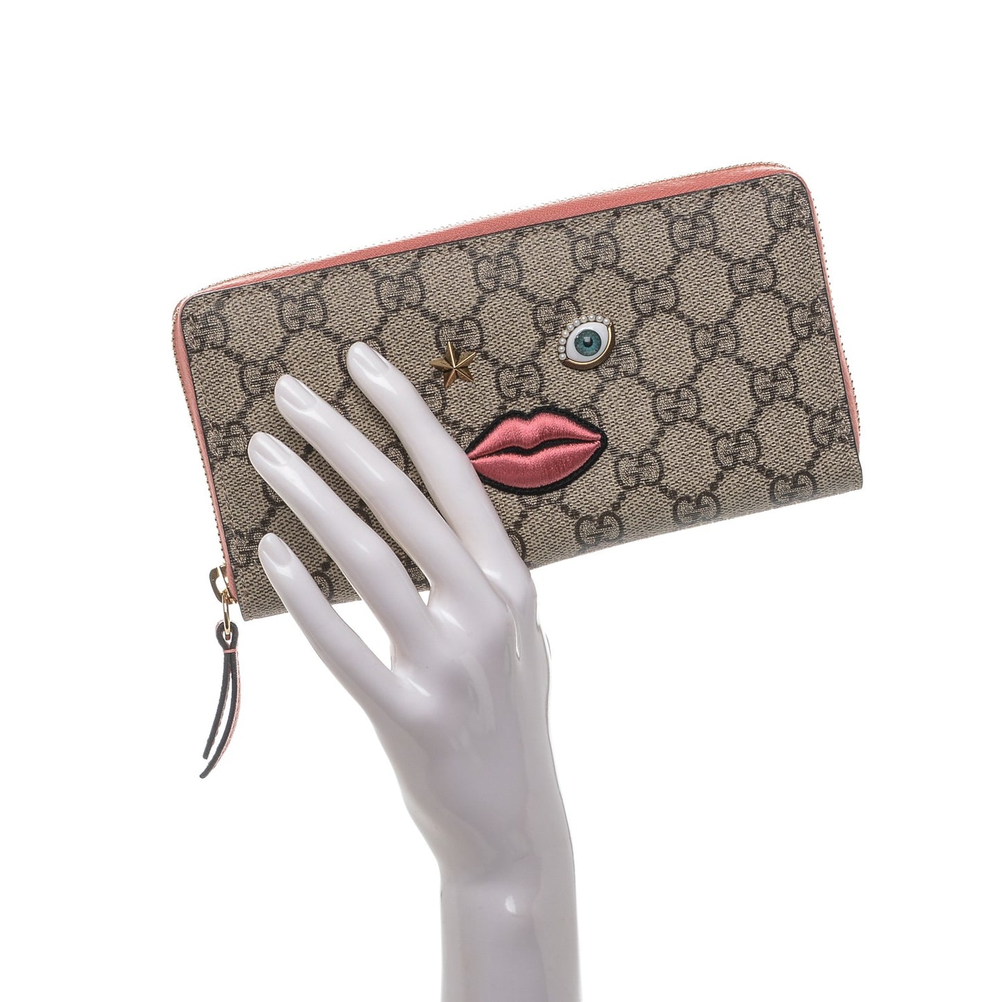 GG Supreme Monogram Embroidered Face Zip Around Wallet Pink
