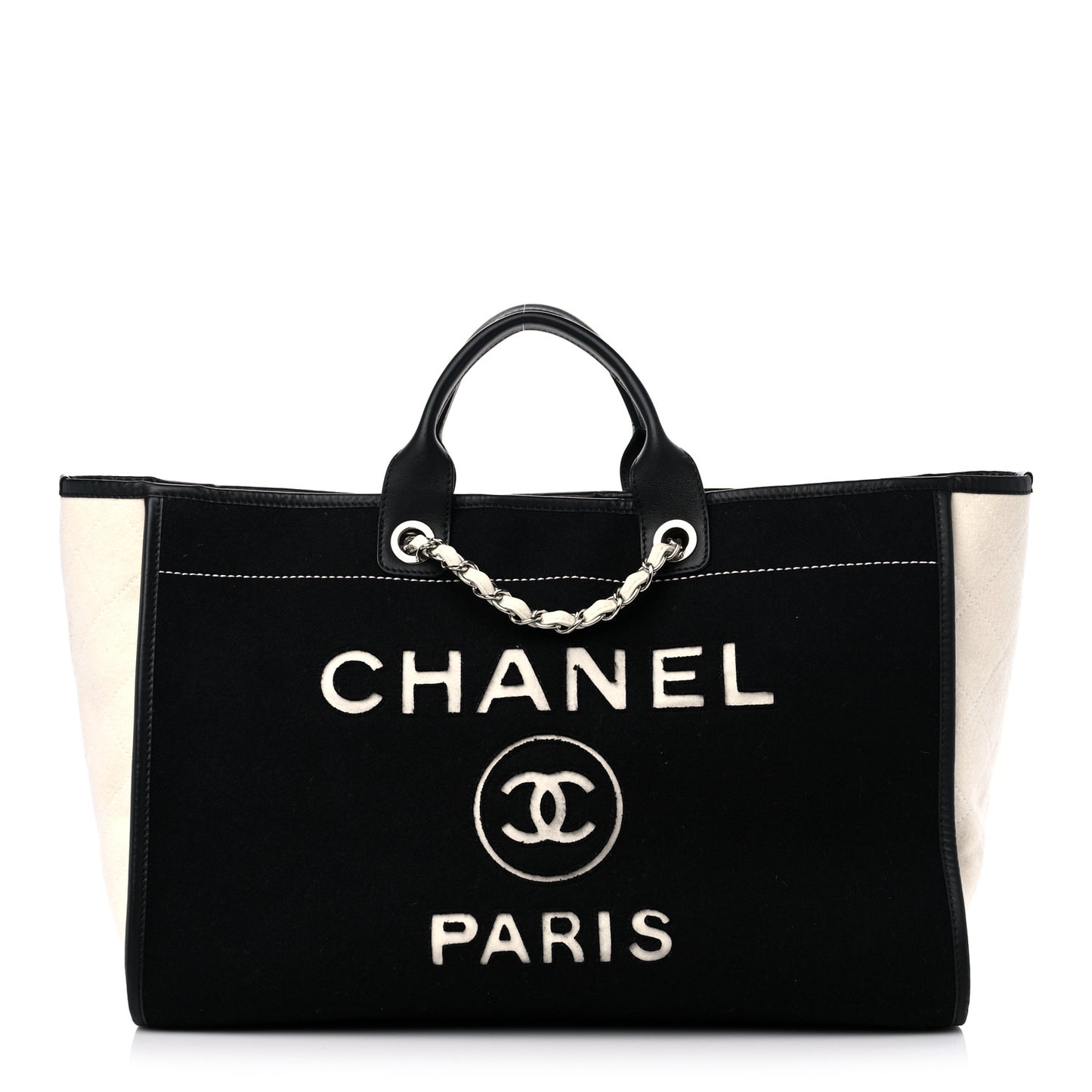 Wool Felt Calfskin Large Deauville Tote Black White