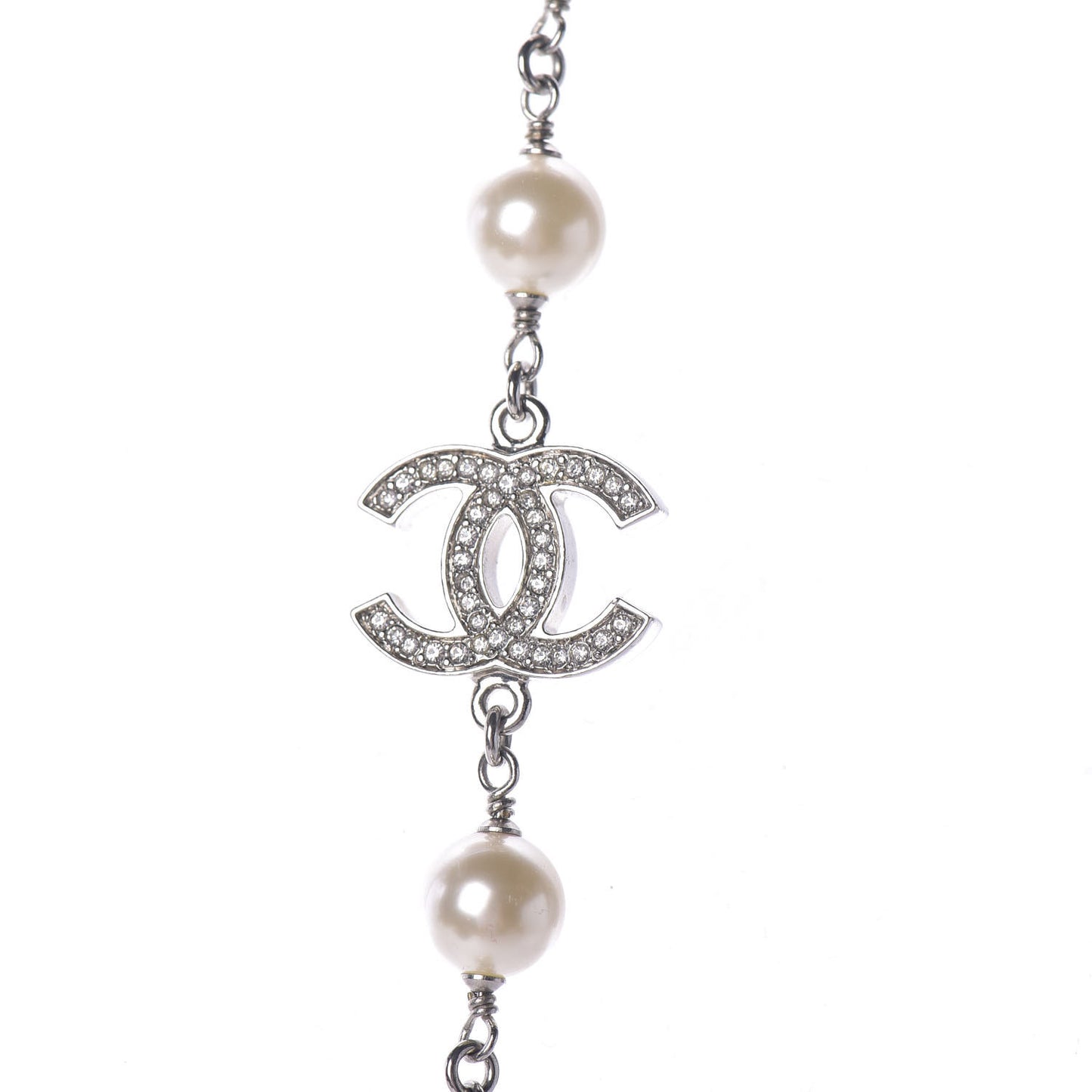 Crystal Pearl CC Long Necklace Silver