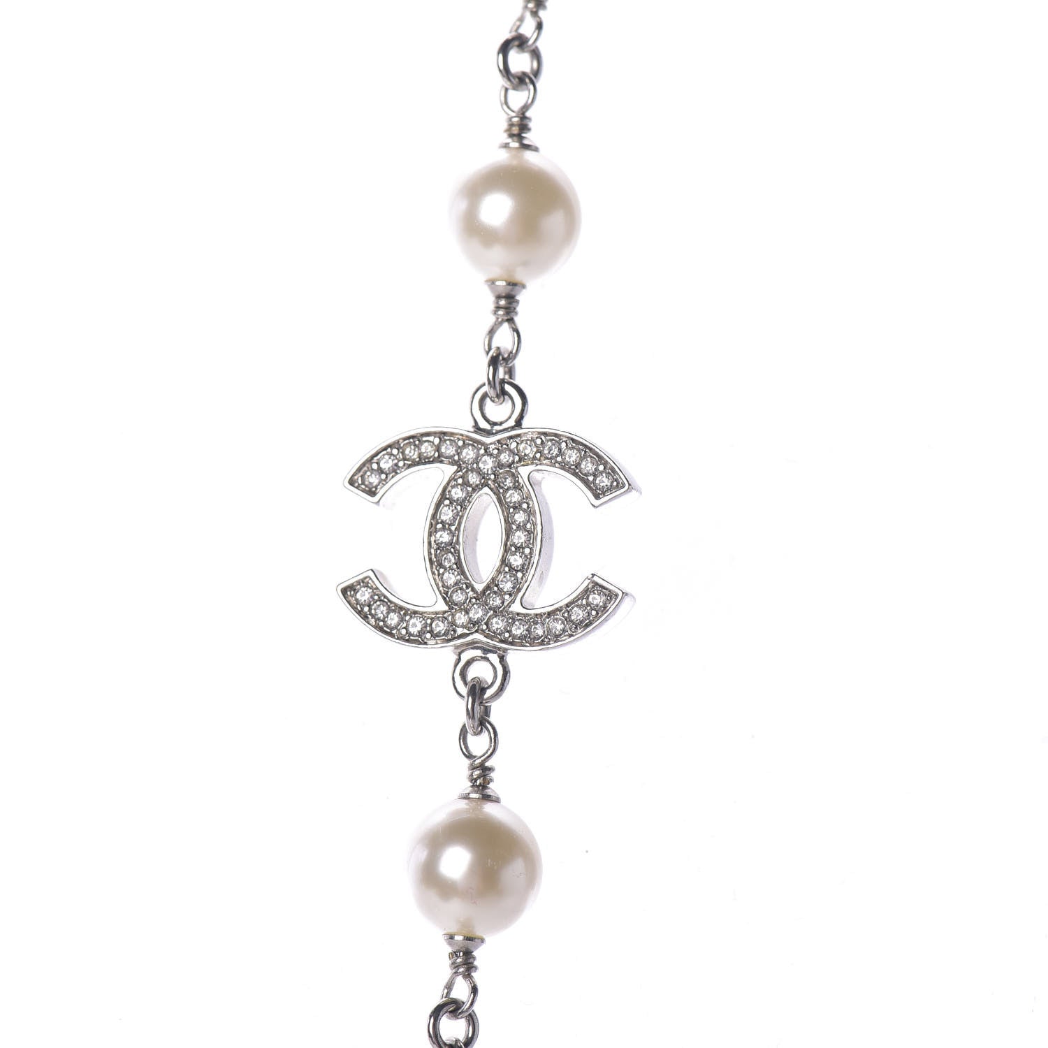 Chanel Crystal Pearl CC Long Necklace Silver 4 of 6