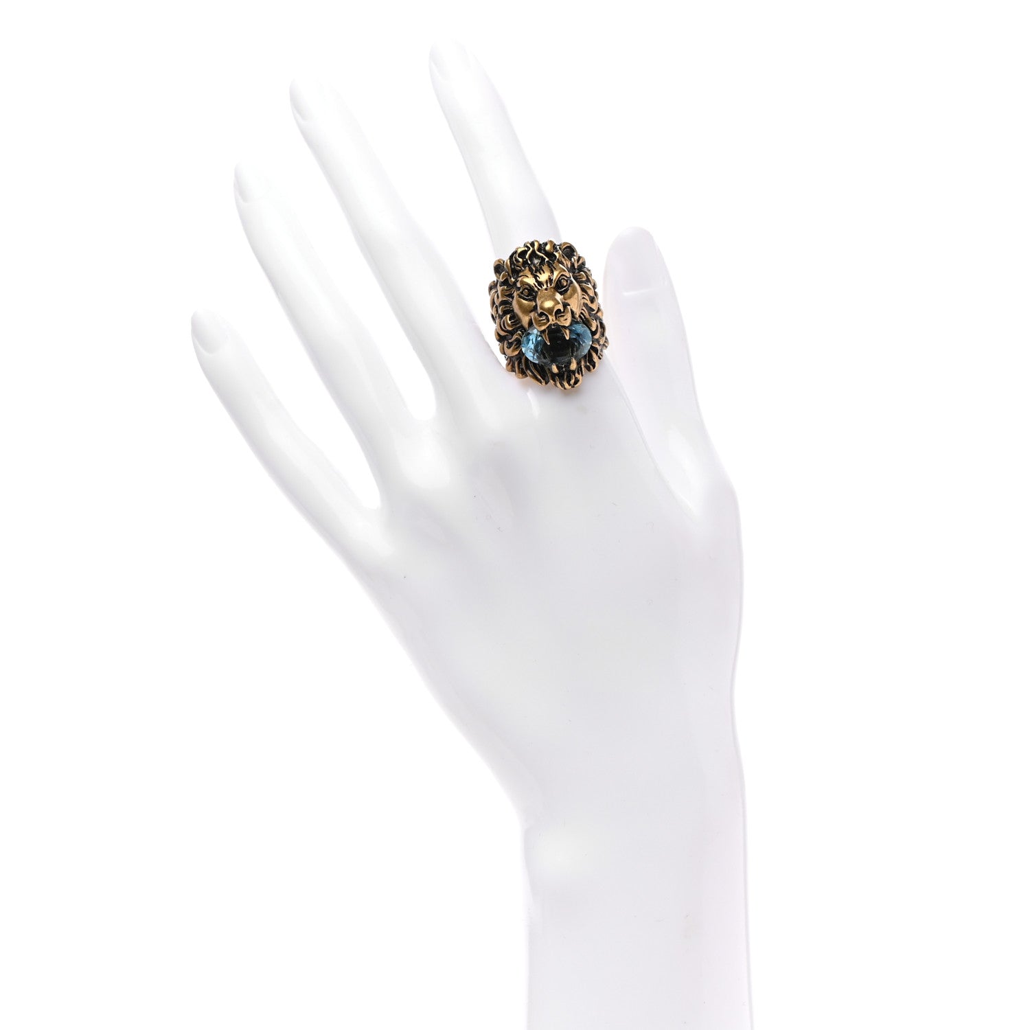 Gucci Metal Crystal Lion Head Ring 58 8.25 Aged Gold 2 of 5