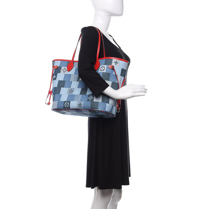 Louis Vuitton Denim Damier Monogram Patchwork Neverfull Blue Rouge 2 of 11