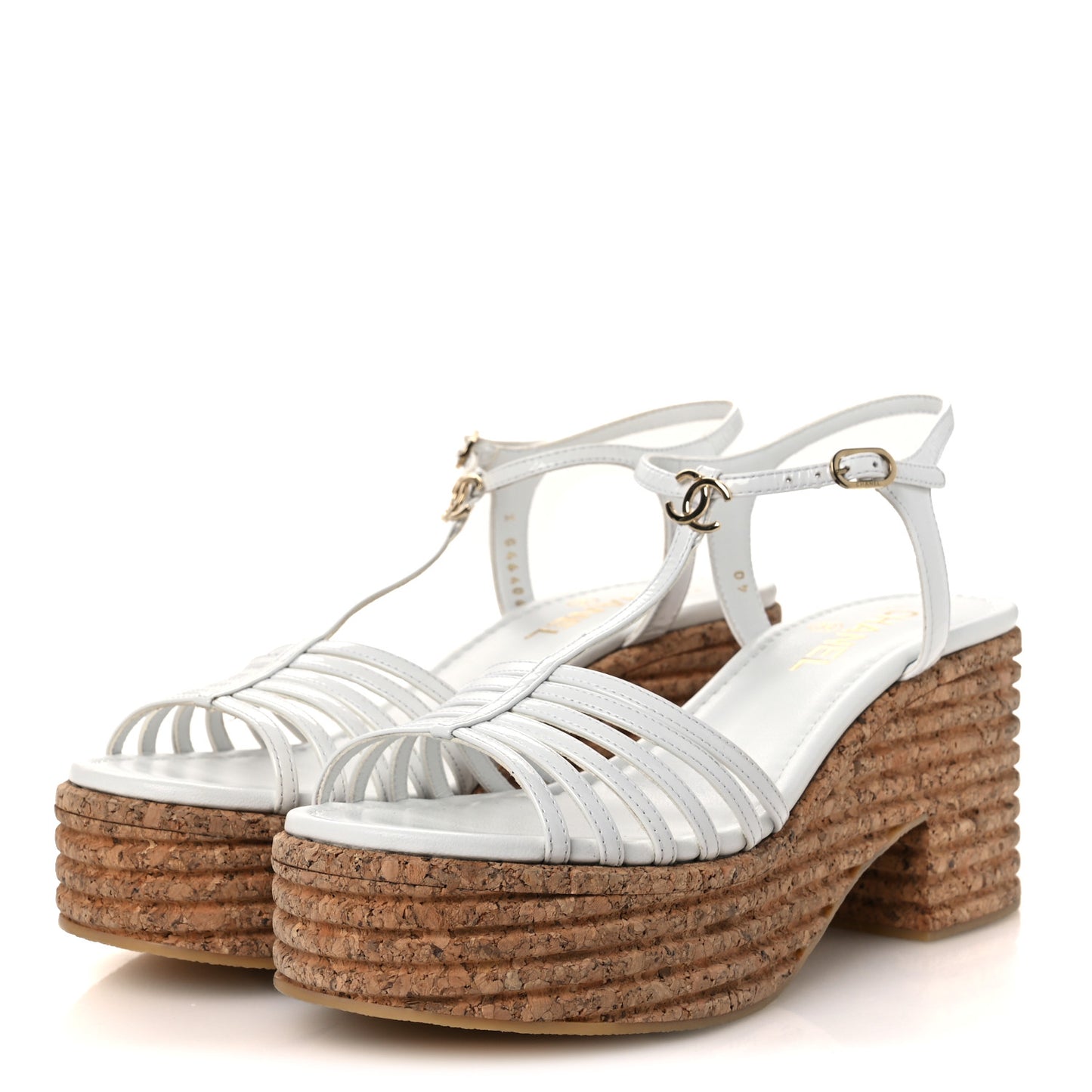 Patent Goatskin Cork CC Ankle Strap Platform Sandals 40 White