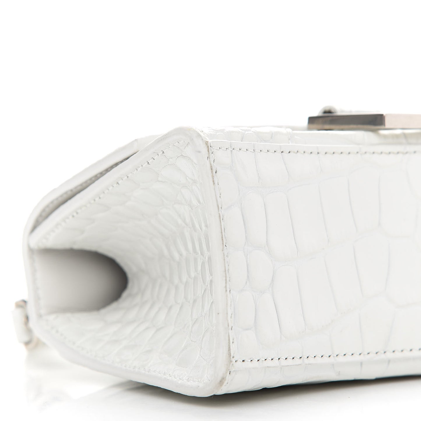 Shiny Calfskin Crocodile Embossed Hourglass Top Handle Bag XS White