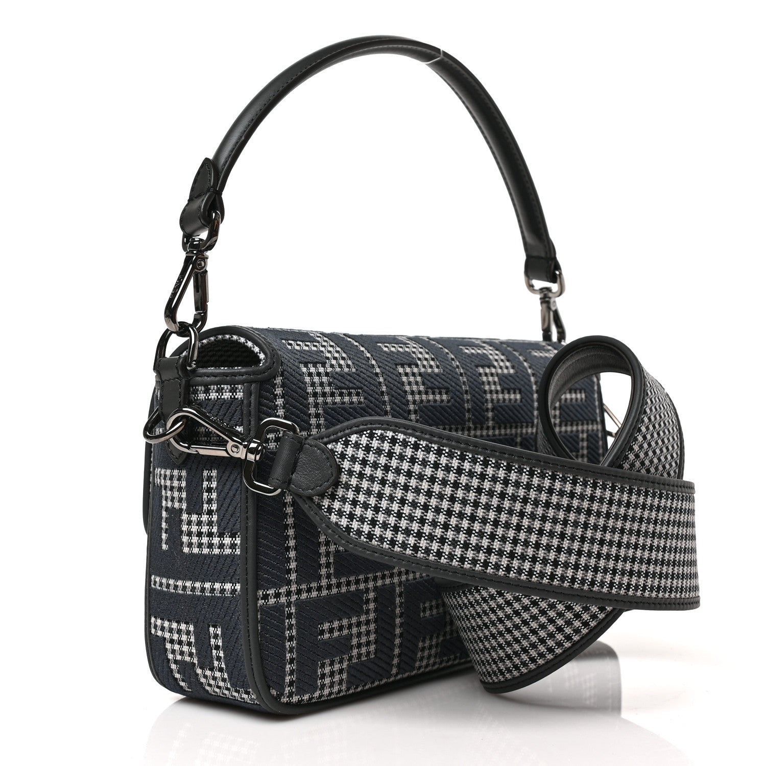 Fendi Wool Vitello King Houndstooth FF Embroidered Baguette Grigio Anthracite 3 of 8