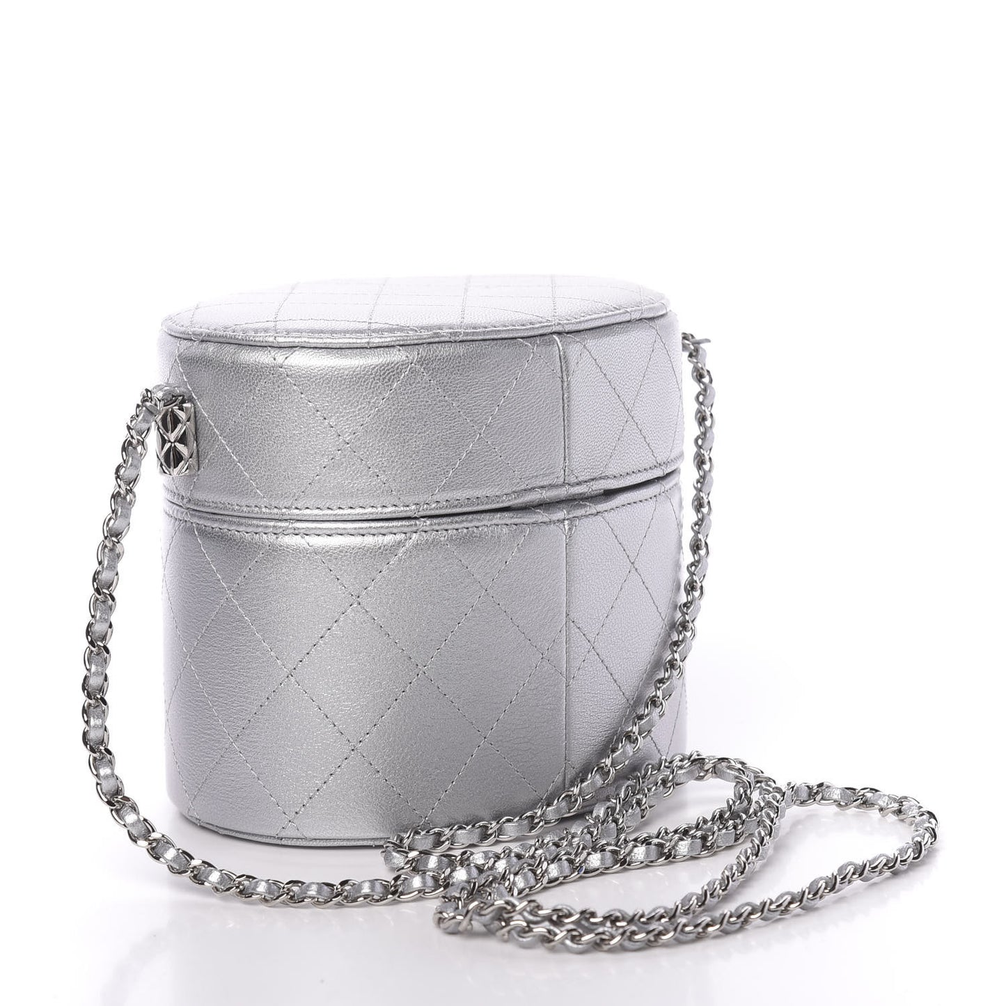 Metallic Lambskin Quilted Round Vanity Case With Chain Silver