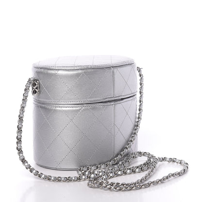 Chanel Metallic Lambskin Quilted Round Vanity Case With Chain Silver 3 of 12