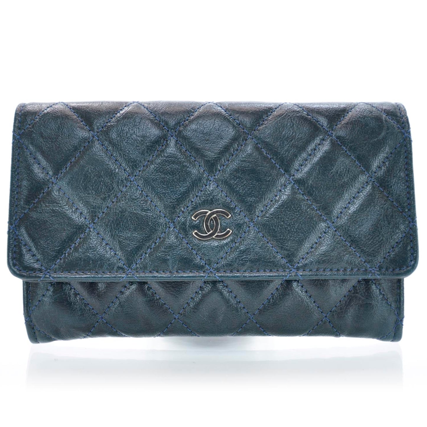 Calfskin Quilted Flap Wallet Blue
