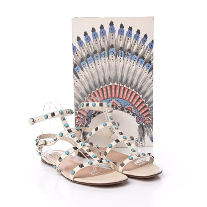 Valentino Garavani Calfskin Turquoise Rockstud Rolling Gladiator Flat Sandals 40 Light Ivory 8 of 8
