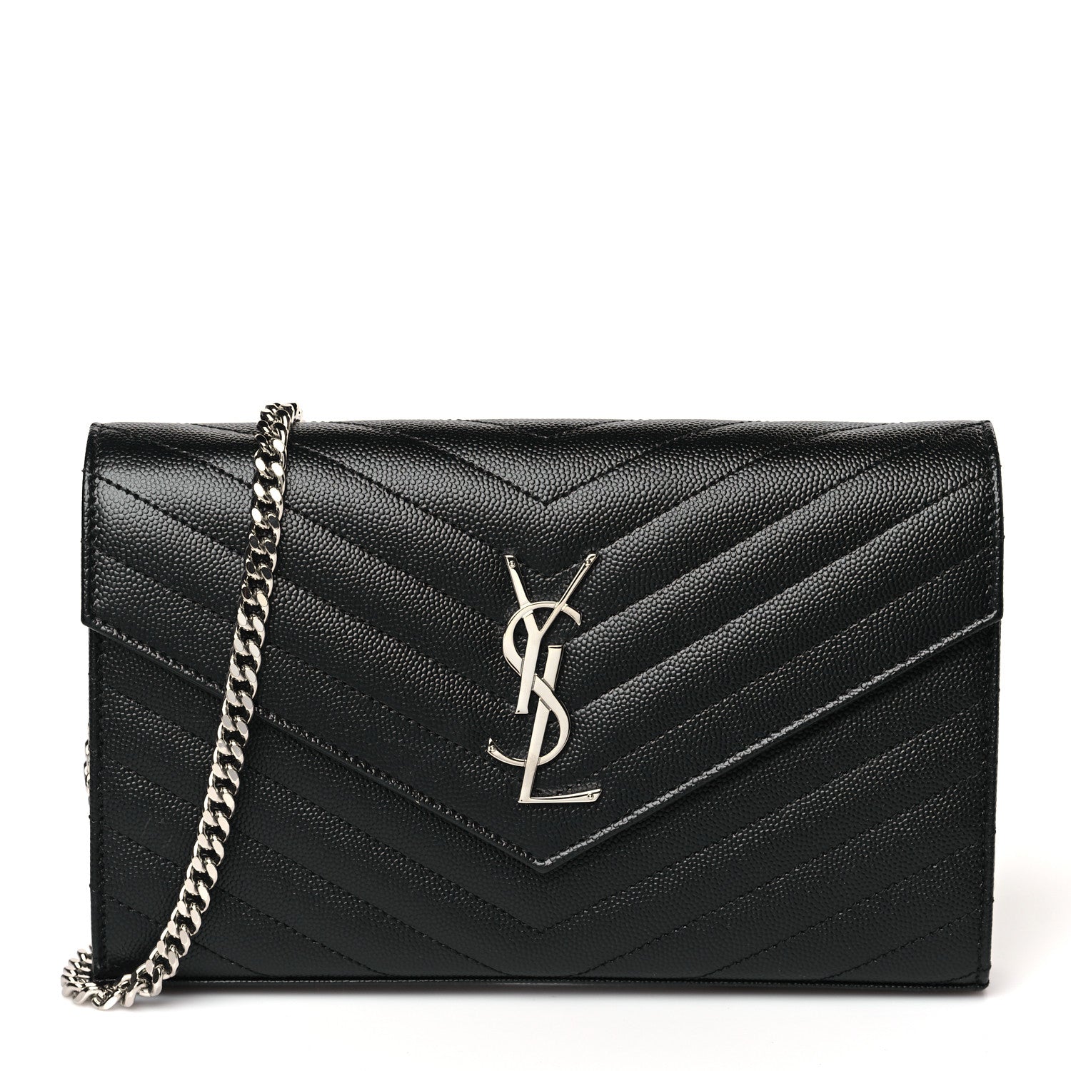 Saint Laurent Grain De Poudre Matelasse Chevron Monogram Chain Wallet Black 1 of 8