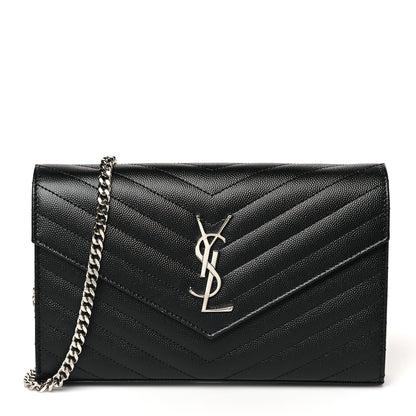 Saint Laurent Grain De Poudre Matelasse Chevron Monogram Chain Wallet Black 1 of 8