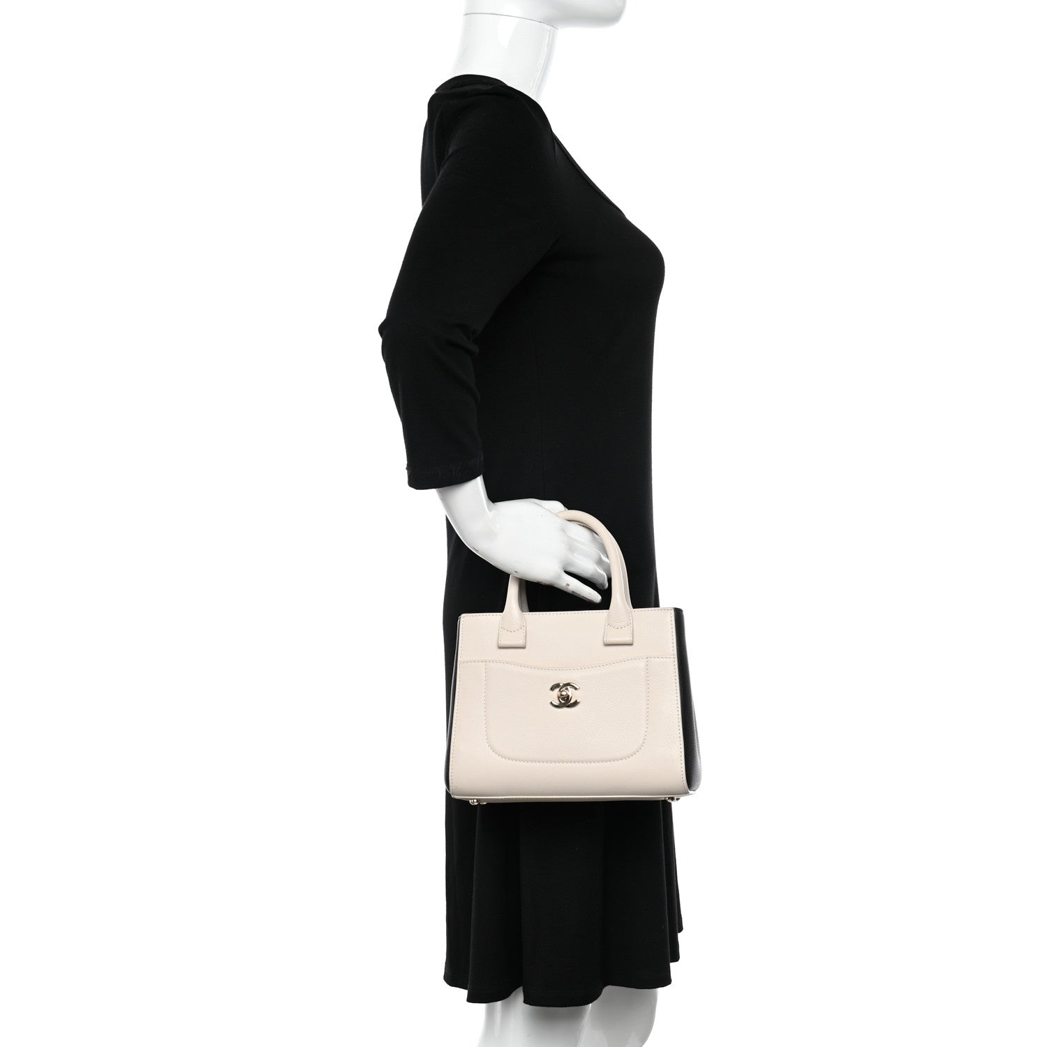 Chanel Grained Calfskin Mini Bi-Color Neo Executive Shopper Tote Beige Black 2 of 9