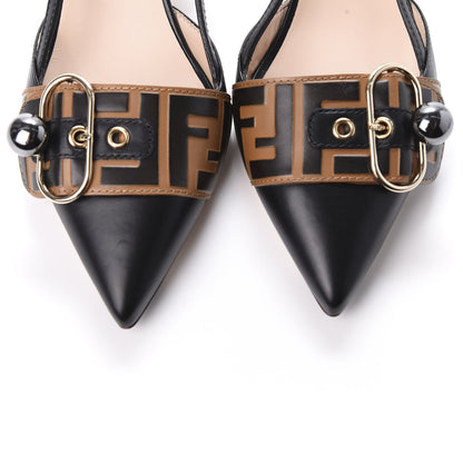 Fendi Vitello FF Embossed Pearland Decollete Aperta Slingback Pumps 40 Black Tobacco Moro 9 of 9