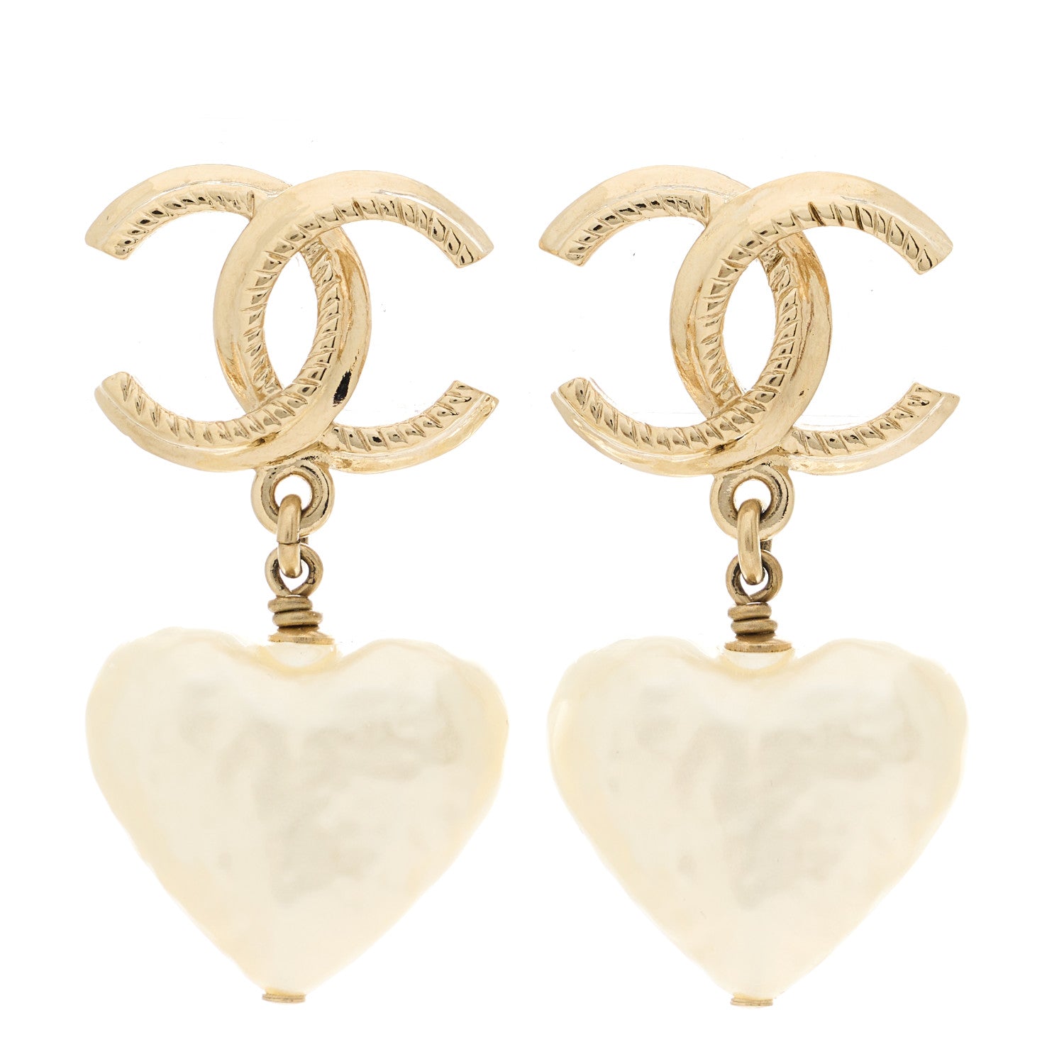 Chanel Pearl CC Heart Drop Earrings Gold 1 of 5
