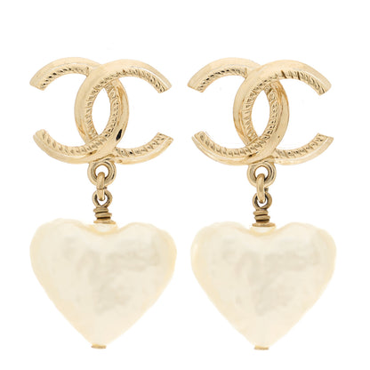 Chanel Pearl CC Heart Drop Earrings Gold 1 of 5