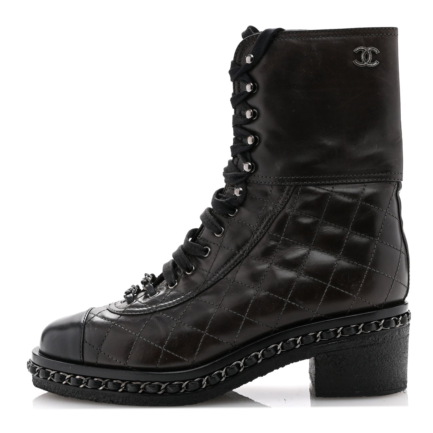 Chanel Calfskin Quilted Chain Around Combat Boots 39.5 Dark Brown 1 of 11