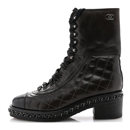 Chanel Calfskin Quilted Chain Around Combat Boots 39.5 Dark Brown 1 of 11