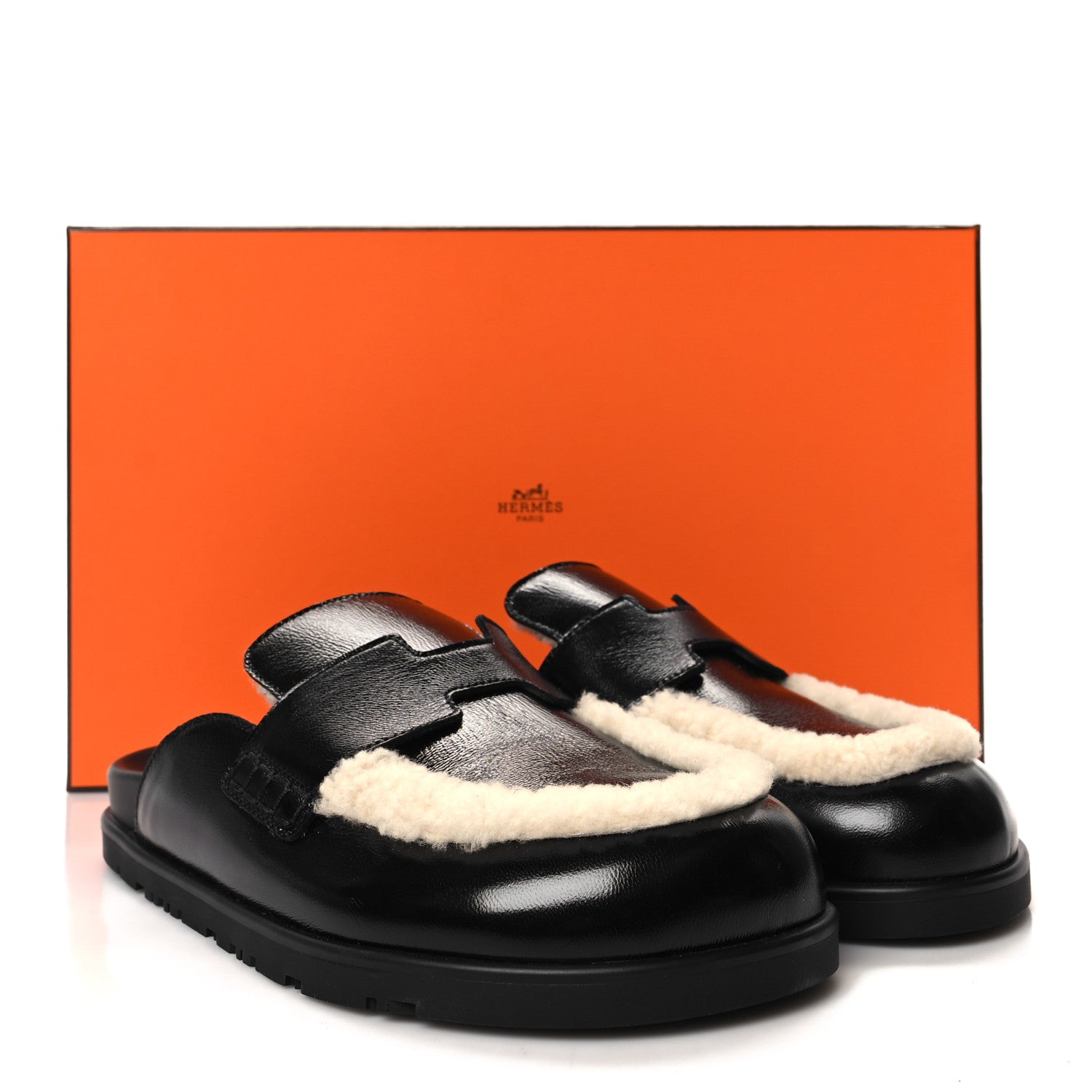 Hermes Glazed Nappa Shearling Shearling Go Mules 37 Black Ecru 9 of 9