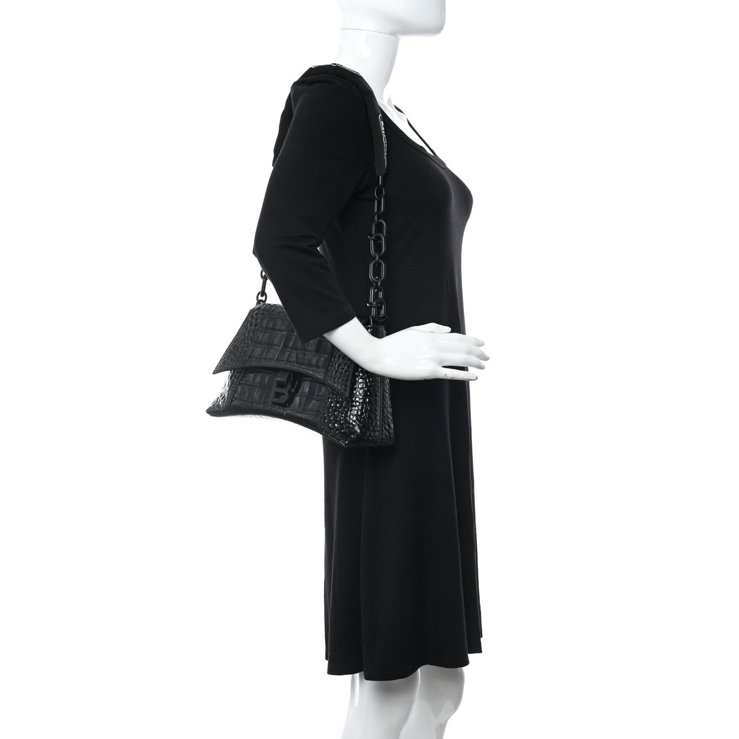 Balenciaga Calfskin Crocodile Embossed Monochrome S Downtown Chain Shoulder Bag Black 2 of 11