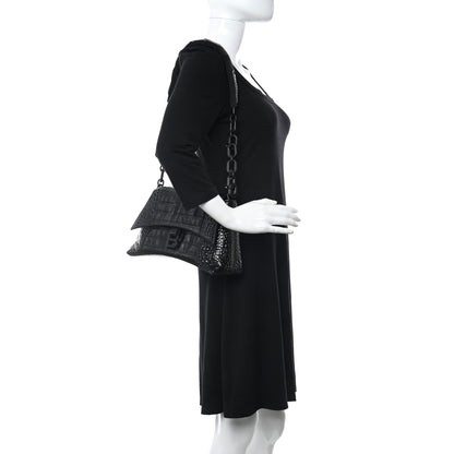 Balenciaga Calfskin Crocodile Embossed Monochrome S Downtown Chain Shoulder Bag Black 2 of 11