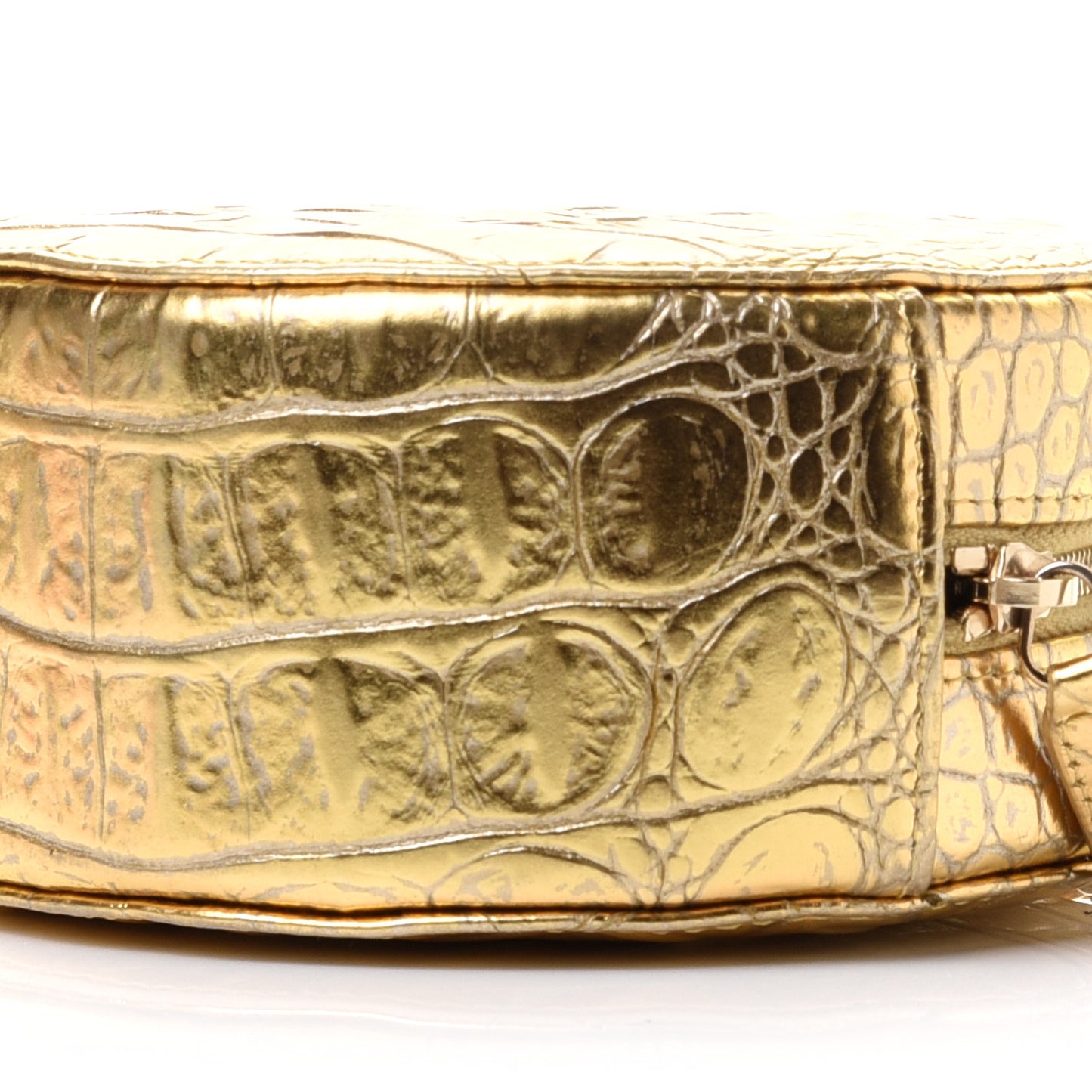 Metallic Calfskin Crocodile Embossed Cocodile Round Clutch with Chain Gold